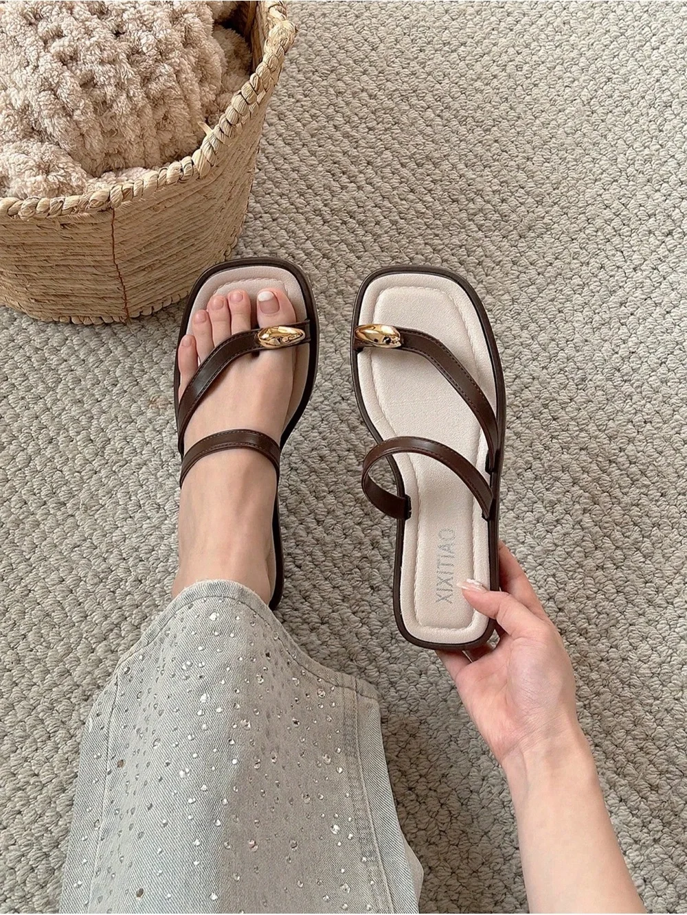 Ovelo Brown Minimalist Thong Sandals – Women’s Soft Sole Flat Summer Slides